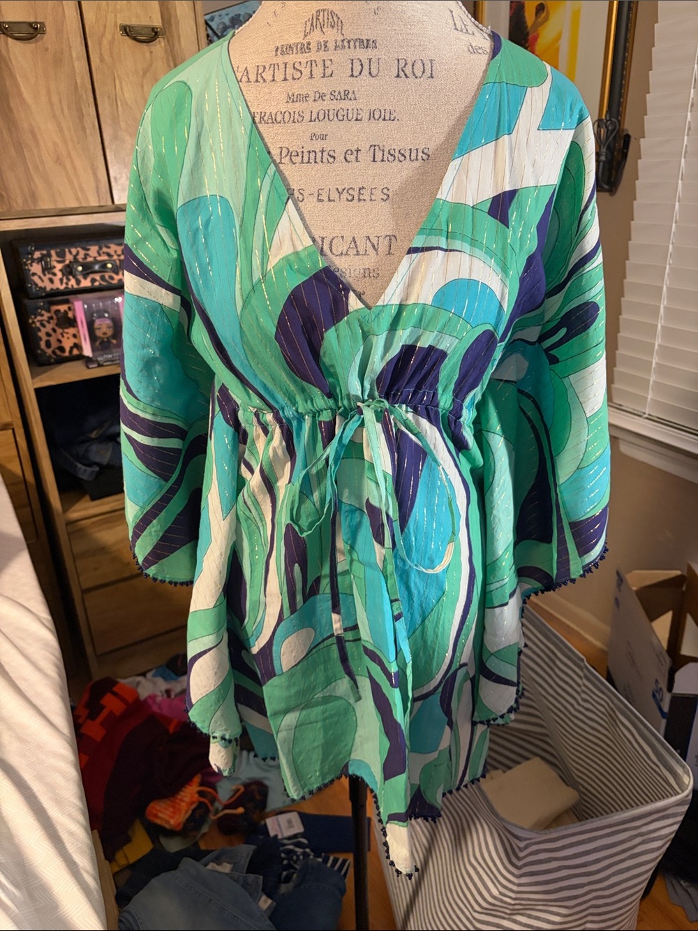Vix Green Abstract Print V-Neck Swim Caftan - Small NWT